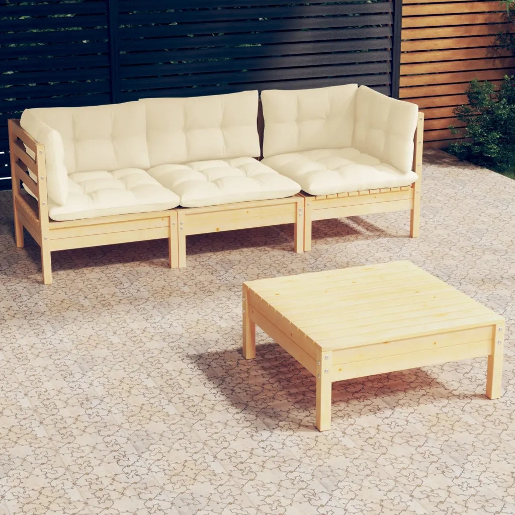 Set Salotto da Giardino 4 pz | Set di Mobili da Esterno con Cuscini Crema in Legno di Pino