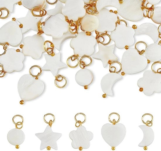 40 pezzi di pendenti naturali con conchiglia, pendente con forma di fiore, conchiglia a forma di cuore, pendente a forma di luna, per collana o orecchini in pelle - apertura 4mm