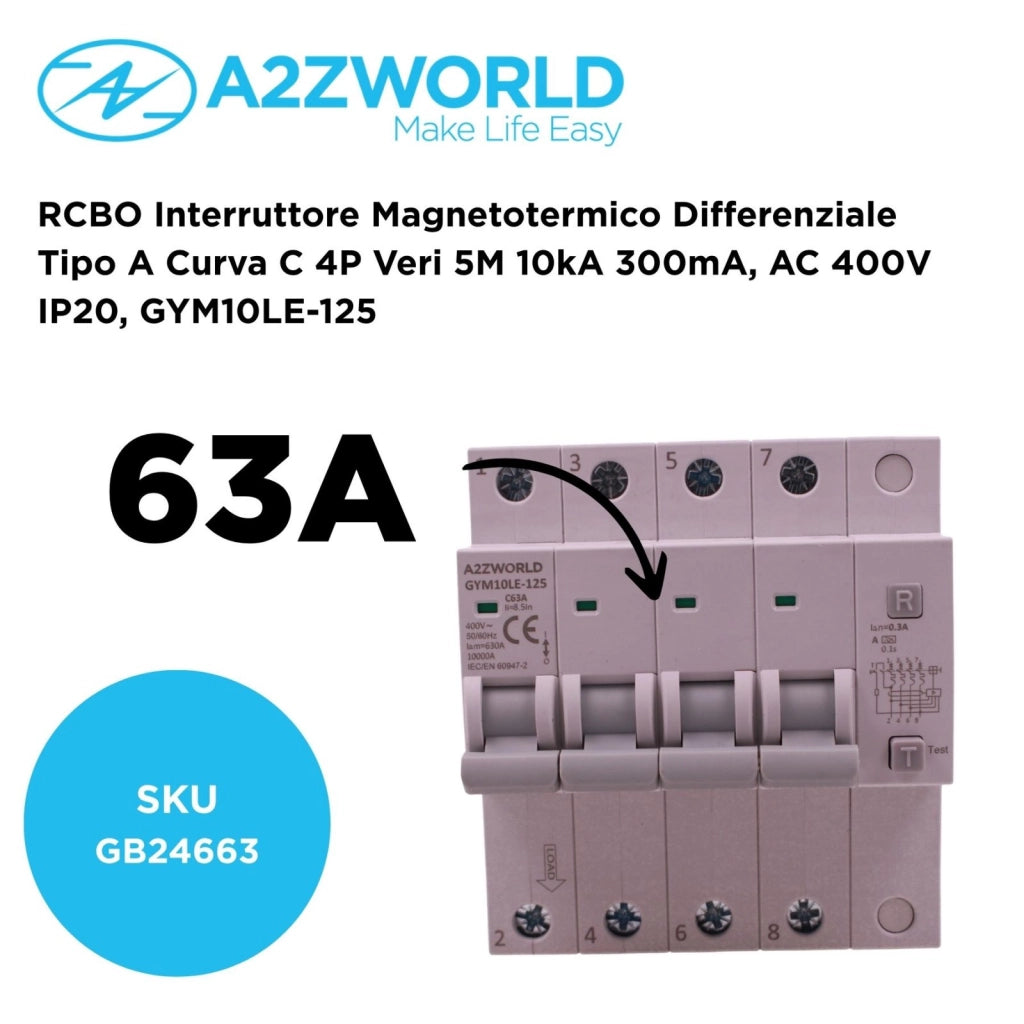 RCBO Interruttore Magnetotermico Differenziale Tipo A Curva C 4P Veri 5M 10kA 300mA, AC 400V IP20 GYM10LE-125, Disponibili 63A 80A 100A (C63A)