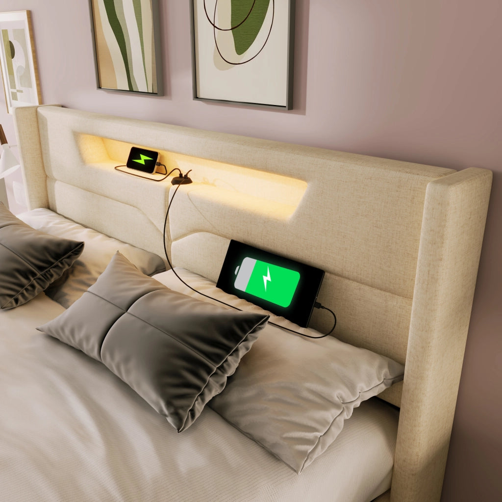 Letto matrimoniale 160x200 cm con LED; USB e Type-C; in tessuto beige