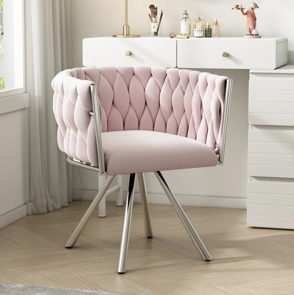 Sedia girevole in velluto rosa con schienale ergonomico e struttura in metallo