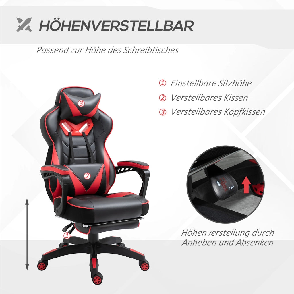 Sedia da ufficio gaming ergonomica con schienale reclinabile poggiapiedi e cuscino lombare in similpelle nera