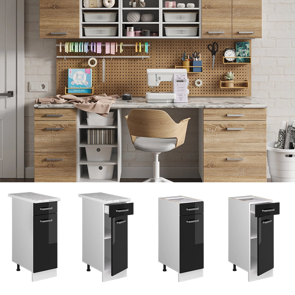 Vicco Base universale Nero lucido 30 cm con cassetto, con piano di lavoro