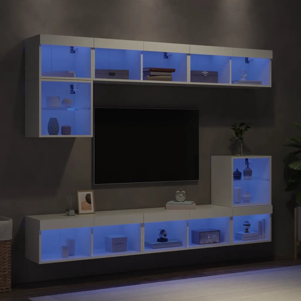 Mobili TV a Muro con LED 8pz-Set di 8 Credenza per TV sospesa Bianchi in Legno Multistrato