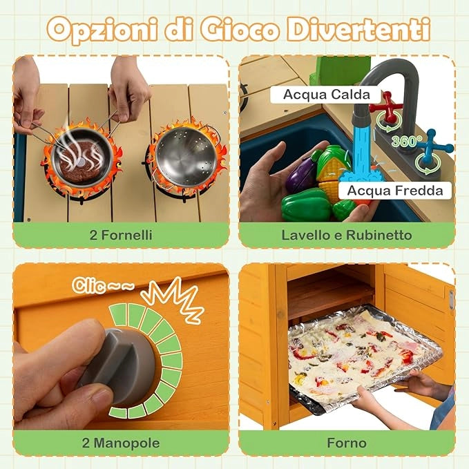 Cucina Giocattolo in Legno, Cucina da Gioco all'Aperto con Fornelli Realistici, Rubinetto, Lavandino, Forno e Accessori per Pentole, Giocattoli per Bambini dai 3+ Anni