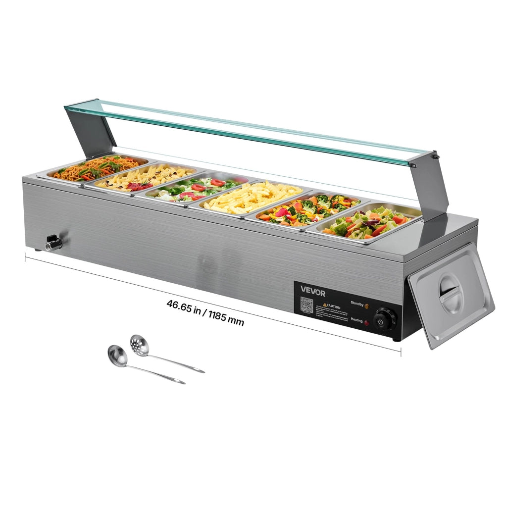 Scaldavivande Elettrico 6 Teglie da 1/3 Acciaio Inox 1500 W Bagnomaria da Banco Robusto Coperchio in Vetro e Mestolo da Zuppa Forato per Ristoranti
