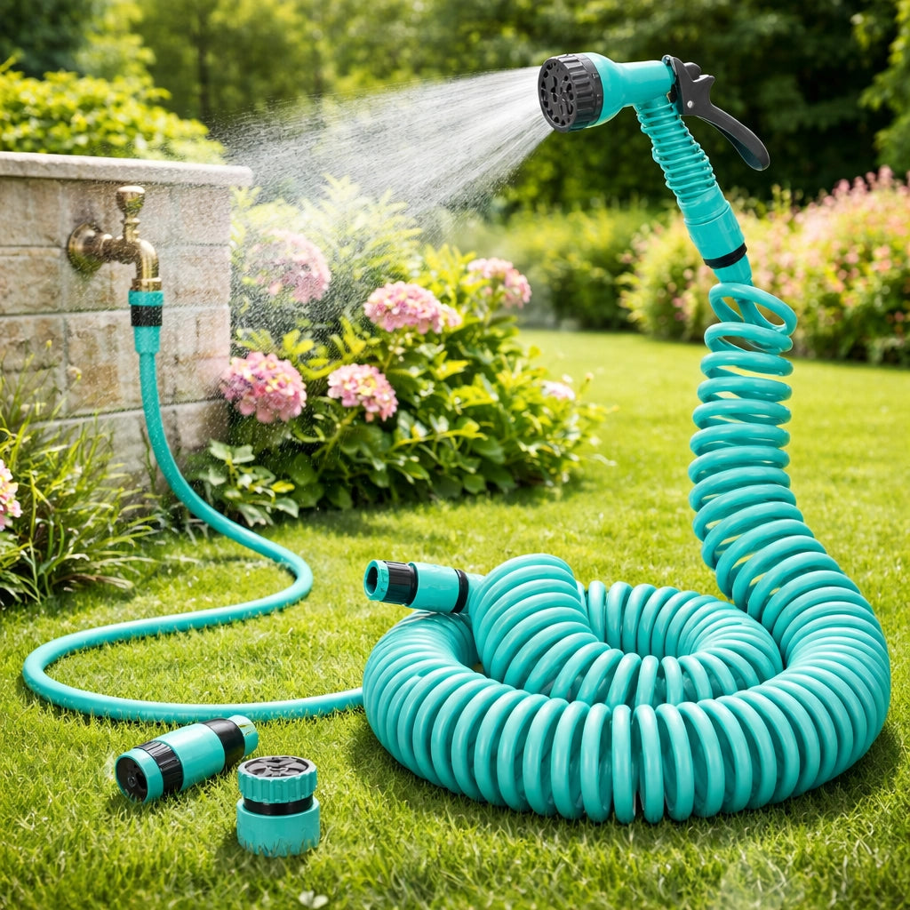 Tubo Estensibile 15MT a Molla Pvc con Doccetta 8 Funzioni Irrigazione Giardino