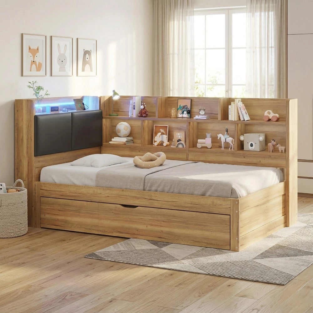 Letto Bambini a Soppalco con Cassetti, LED e Ripiani ¨C Xylo ¨C Legno Naturale 90x200