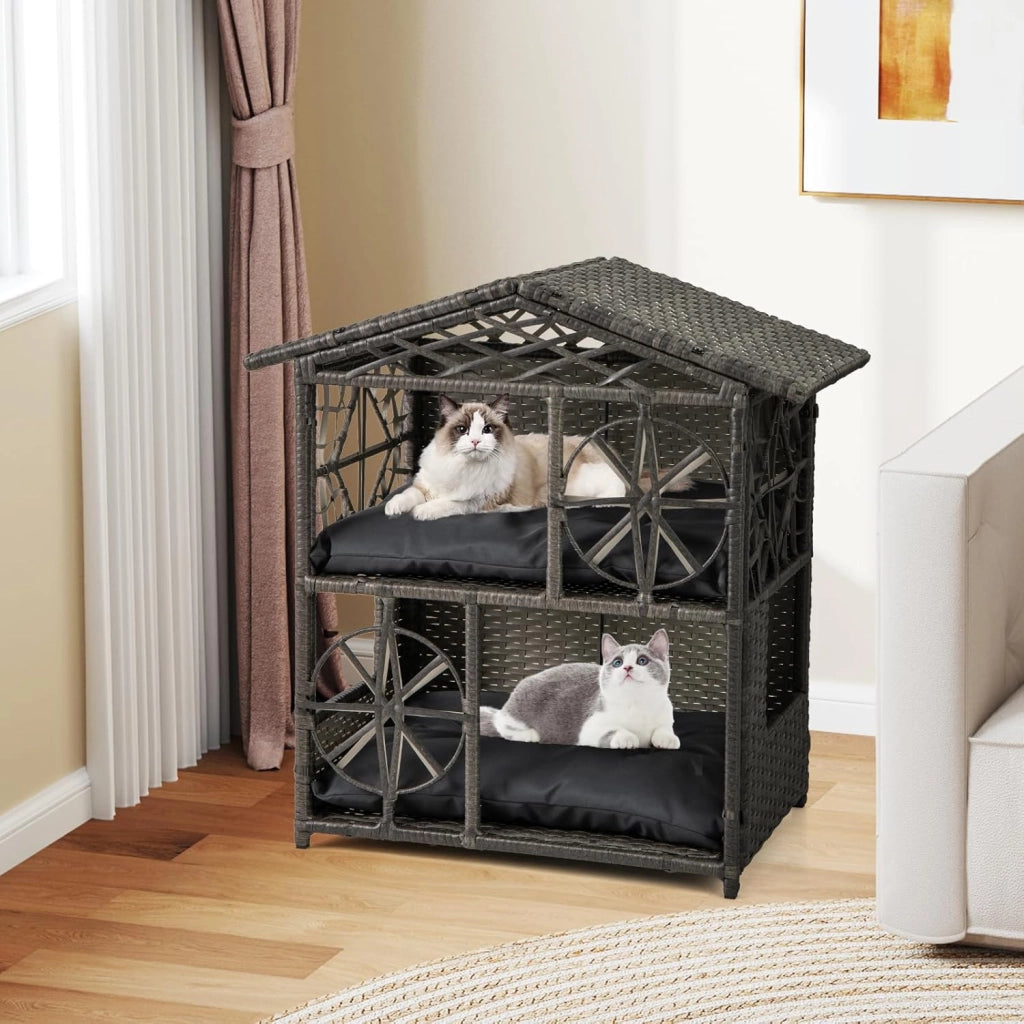 Casa per Gatti in Vimini a 2 Piani, Recinto per Gattini in Rattan con Cuscini Rimovibili, Tetto, Finestre e Porte, Rifugio Elevato da Interno ed Esterno per Conigli e Gattini