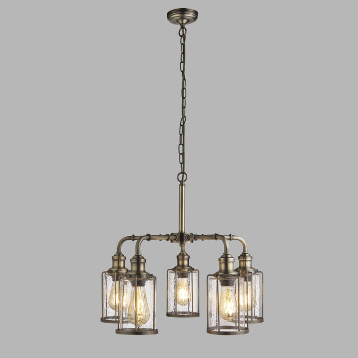 Lampadario Contemporaneo Tubi Acciaio Ottone Vetro Trasparente 5 Luci E27