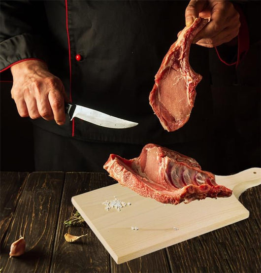 SET TAGLIERE IN LEGNO DI FAGGIO CON MANICO 40 X 20 X 2 CM + COLTELLO CHEF DI PRECISIONE 12,5 CM IN ACCIAIO INOSSIDABILE