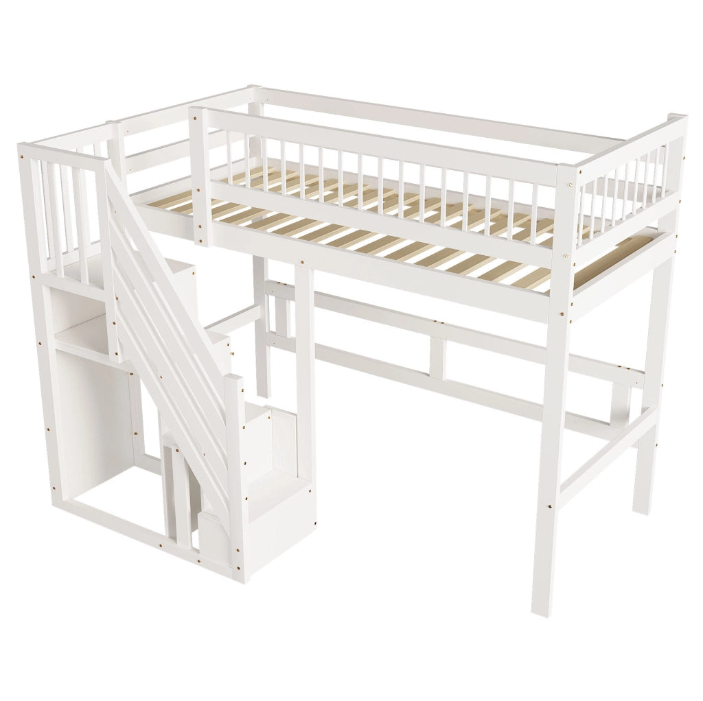 Letto singolo per bambini 90x200 cm in legno bianco con scala contenitore