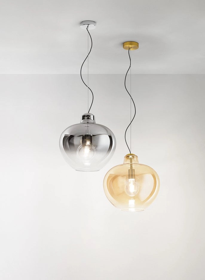 Sospensione vetro ambra specchiato sfumato e  ottone brunito Bowl 1 luce attacco E27 d.36,5cm