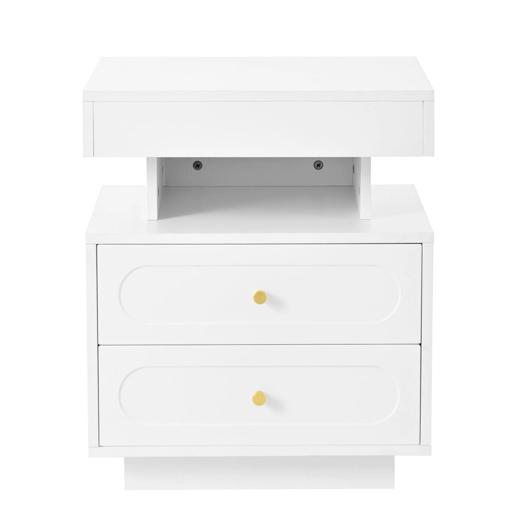 Comodino bianco con LED, 2 cassetti e vano aperto, 100x40x60 cm