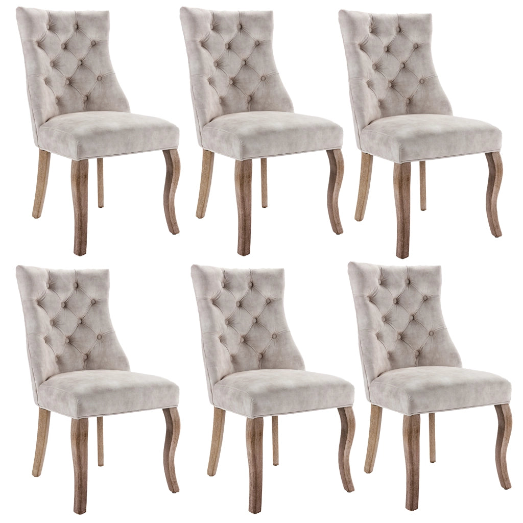 Sedie da Pranzo in Velluto con Schienale Alto ¨C MINIMAL ¨C Beige Chiaro, Gambe Massello, Set 6 Pezzi