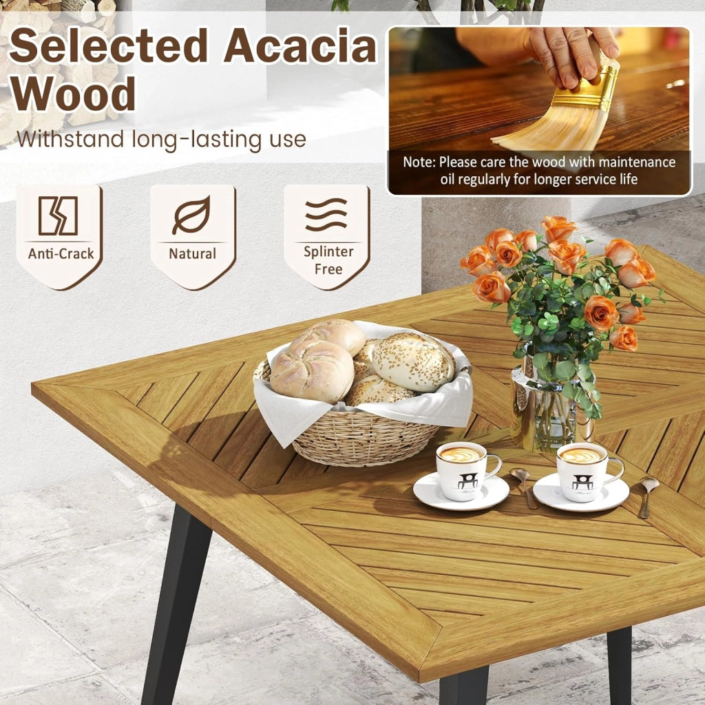 Tavolo da pranzo quadrato per giardino, tavolo in legno di acacia con foro dell'ombrellone da 5 cm e gambe in metallo, 107 x 107 x 75 cm, per balcone, terrazza