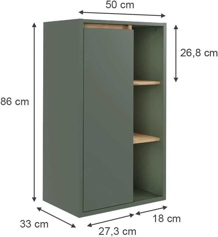 Mobiletto midi Viola, Verde/Artigianale, 50 x 86 cm con ripiani aperti, adatto per montaggio a parete e combinabile con la serie Viola