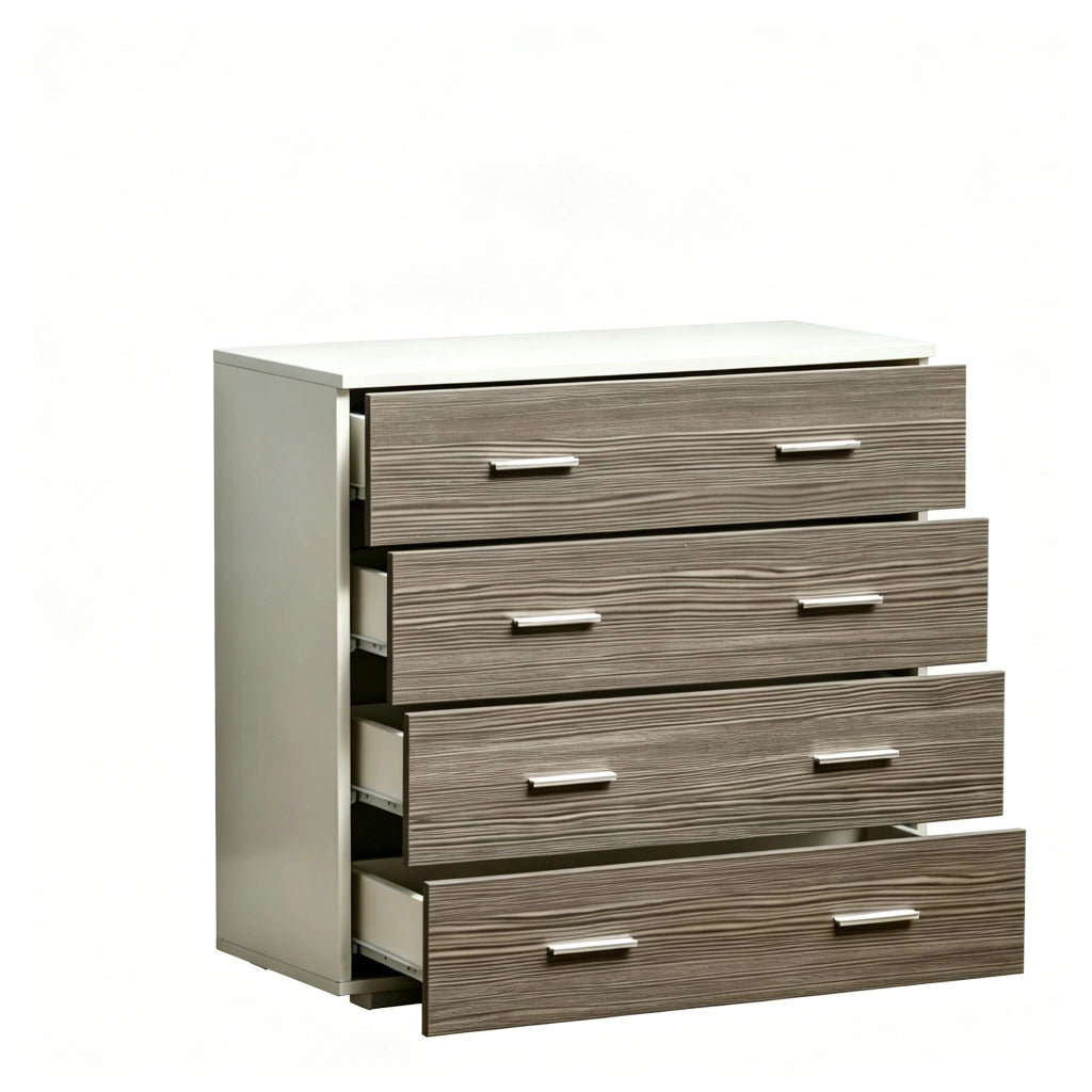 Cassettiera in truciolato e metallo con 4 cassetti, 76 x 35 x 72 cm, grigio e bianco
