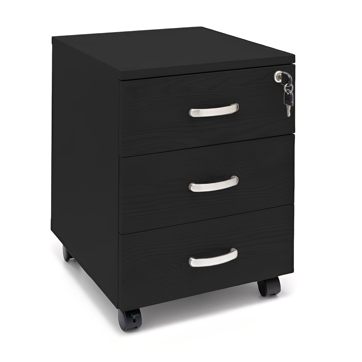 Marvin Cassettiera Ufficio In Legno Chiave Sicurezza Con Ruote Per Scrivania Tavolo 3 Cassetti Ripiani Nero