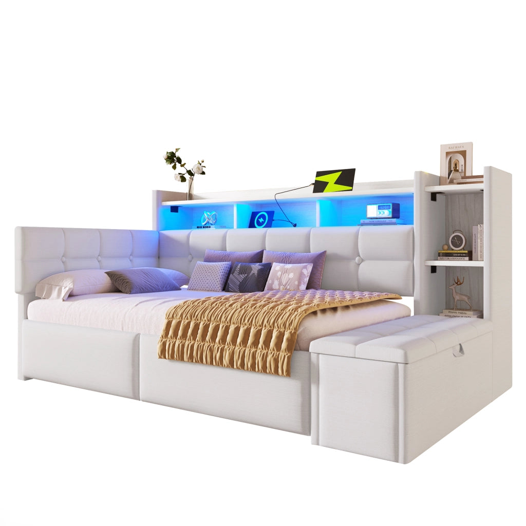 Letto Diurno con Cassetti, LED e USB ¨C MINIMAL ¨C Velluto Bianco 90x190