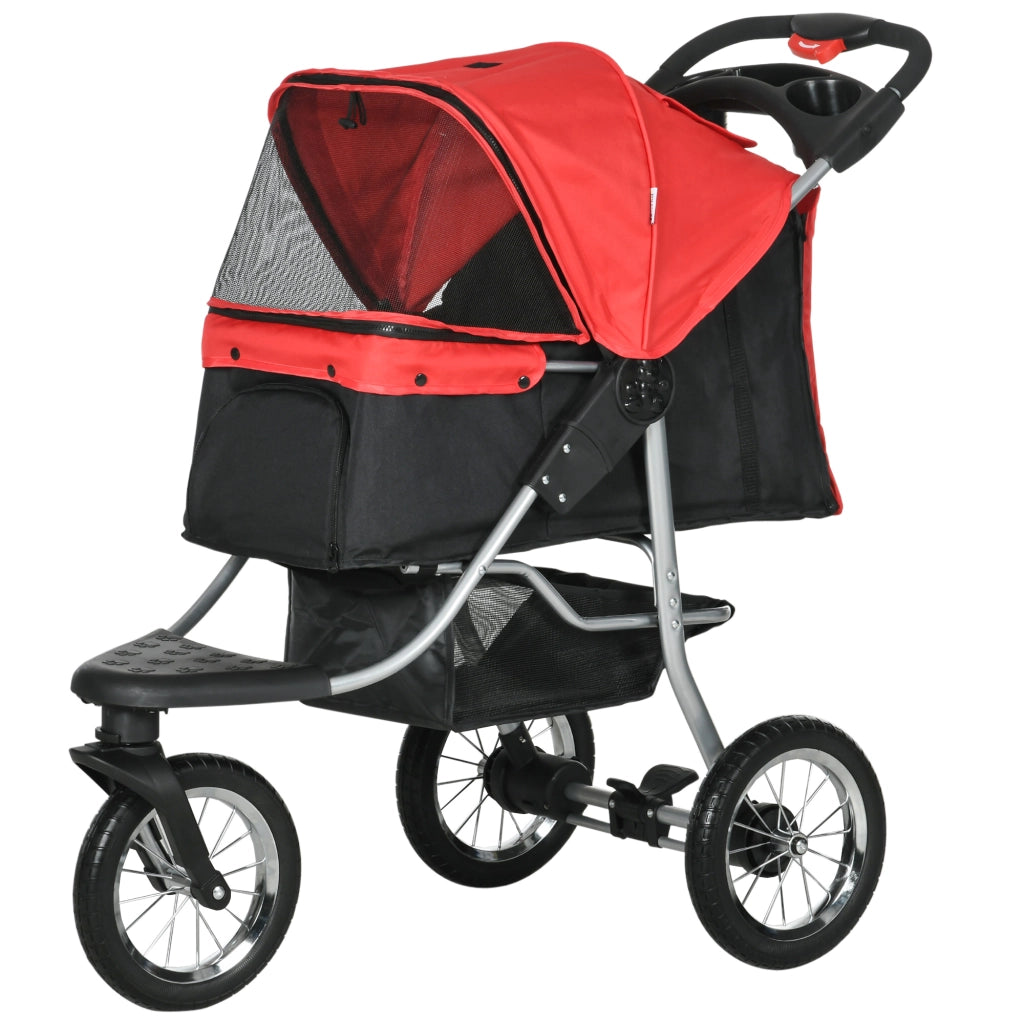 Carrello pieghevole per animali con 3 ruote, reti con zip, telo 600D Oxford, rosso