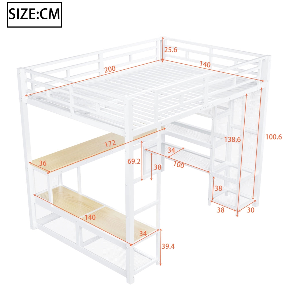 Letto a soppalco 140x200 cm con scrivania; LED e armadio aperto in metallo e MDF bianco