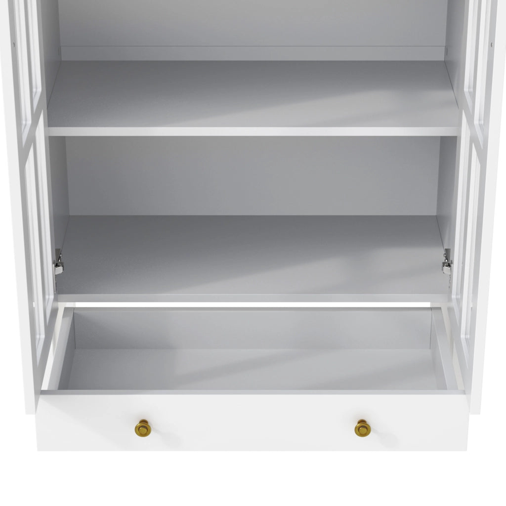 Vetrina ad arco con ripiani e 1 cassetto; per soggiorno; in MDF; 75×35×170.5 cm; bianco