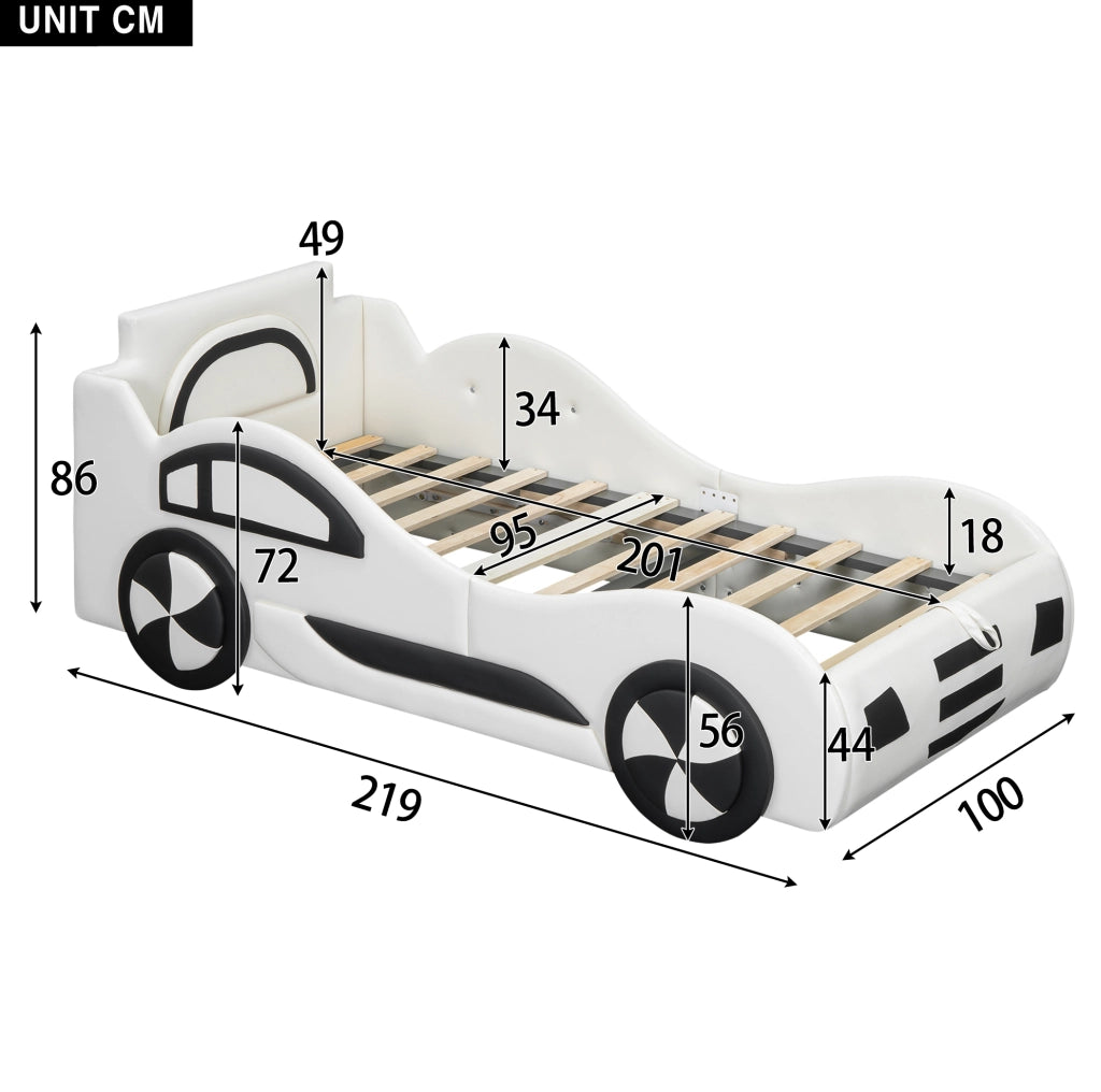 Letto auto bambini 90x200 cm con rete a doghe e contenitore; PU; bianco