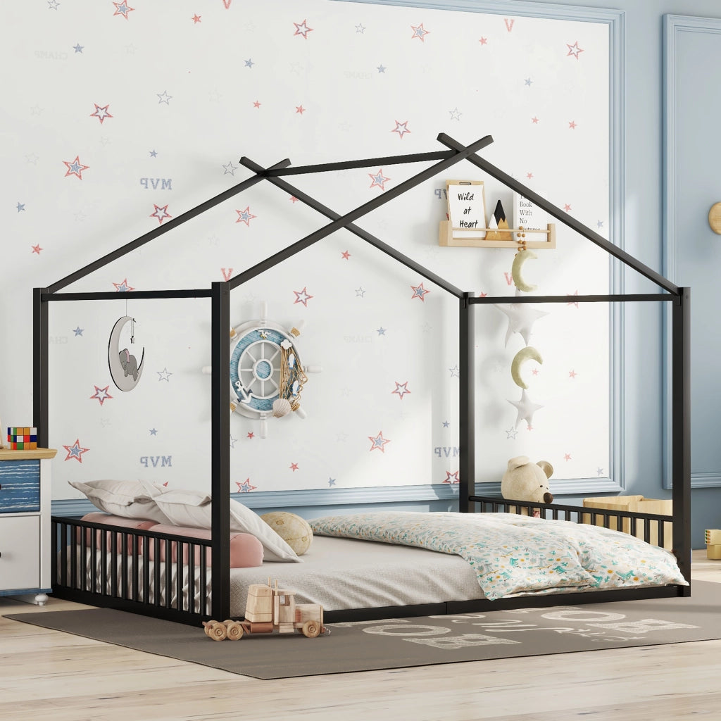 Letto a baldacchino in metallo nero 140x200 cm con struttura a forma di casa