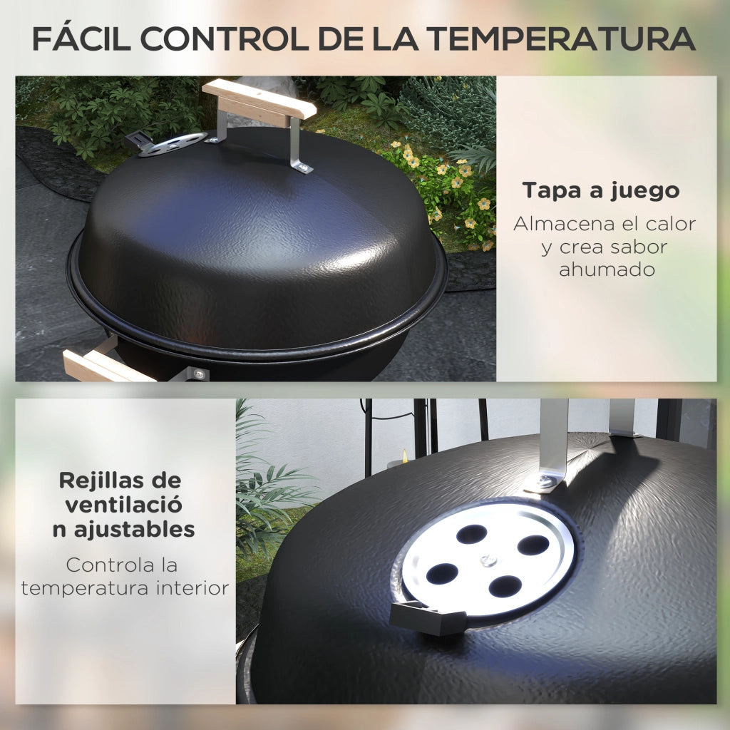 Barbecue a Carbone con Ruote Griglia Portatile Coperchio e Ciotola Smaltati Manici in Legno 48x56x85cm ¨C Zephmum ¨C Grigio