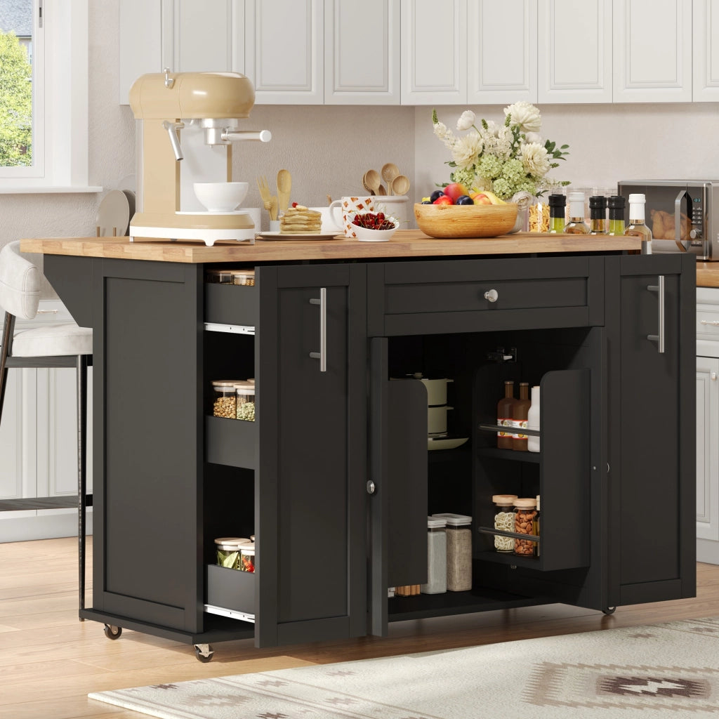 Carrello da cucina con piano ribaltabile; 3 cassetti e vani anta - in MDF - nero e naturale