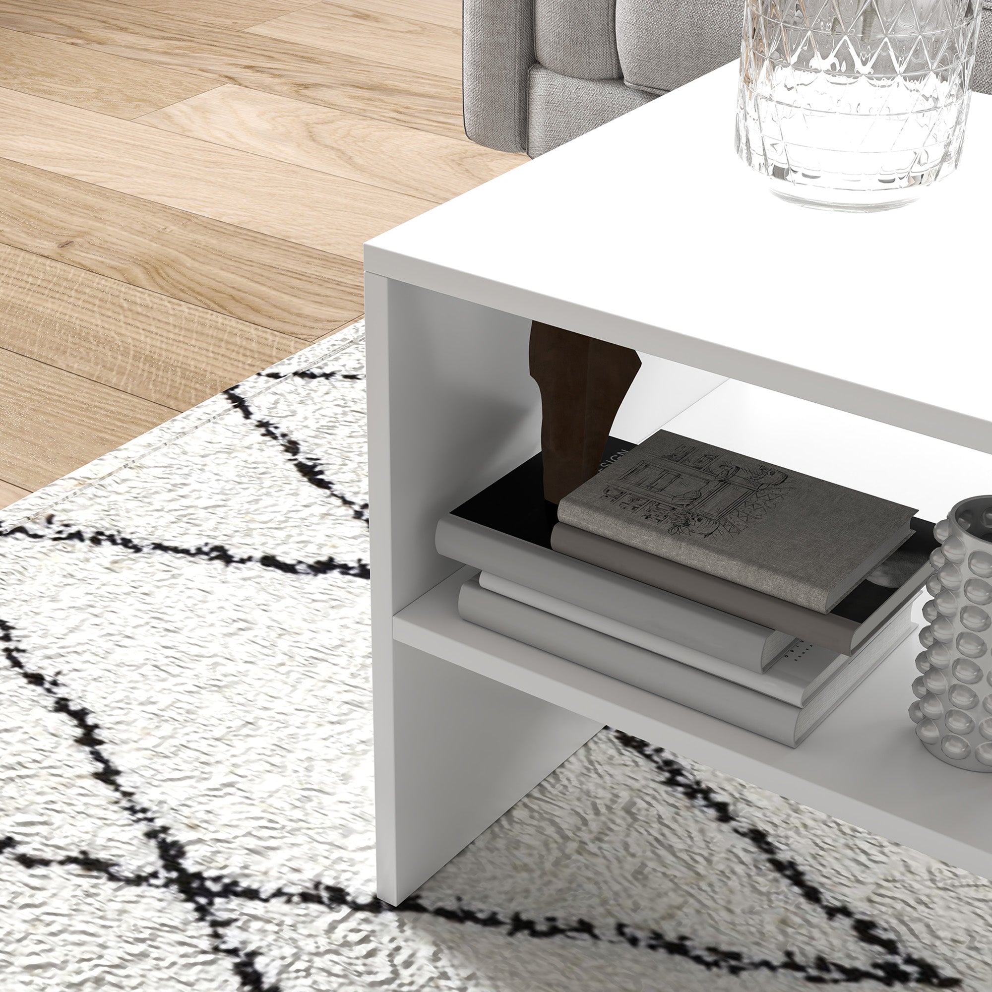 Tavolino da Caffè Moderno 100x40x41,5 cm a 2 Livelli con Vani a Giorno in Legno Bianco