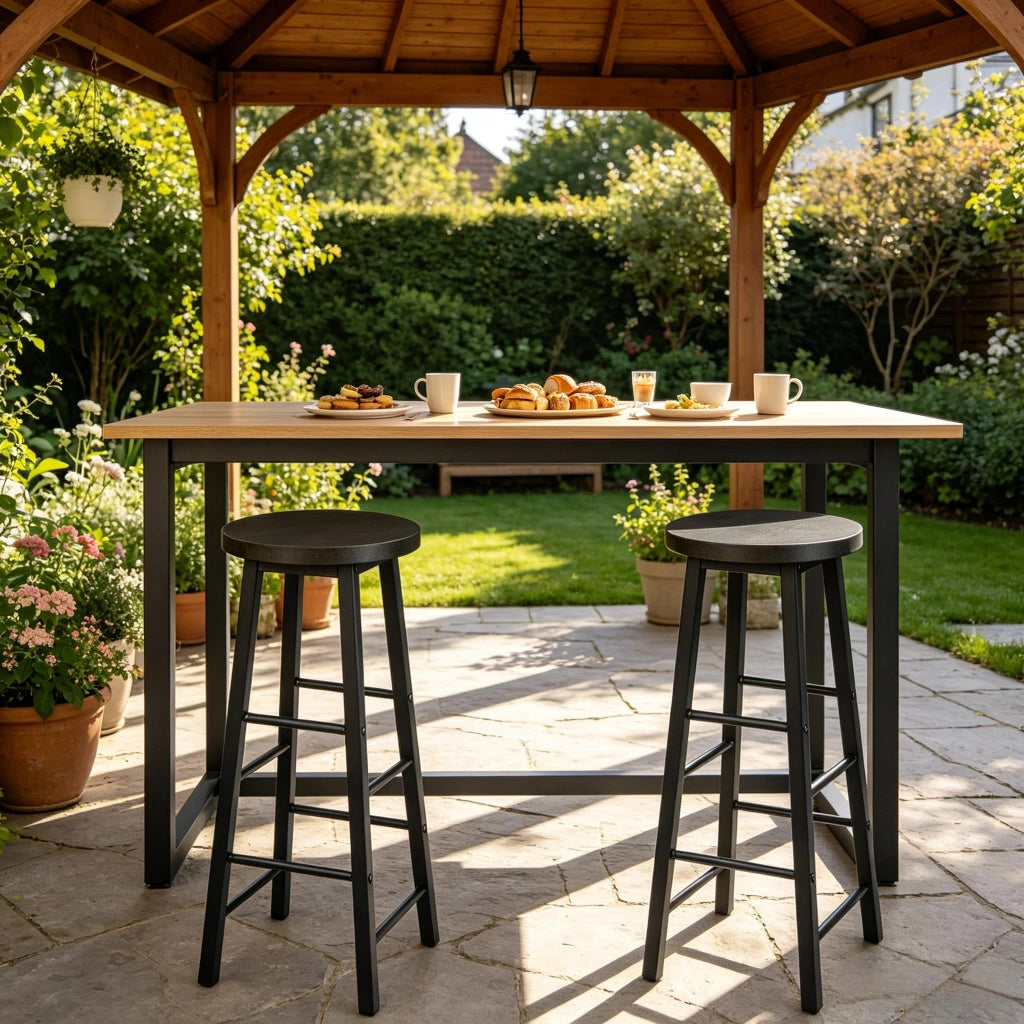 Sgabello da bar set di 2 con poggiapiedi in MDF e metallo Nero e Ruggine
