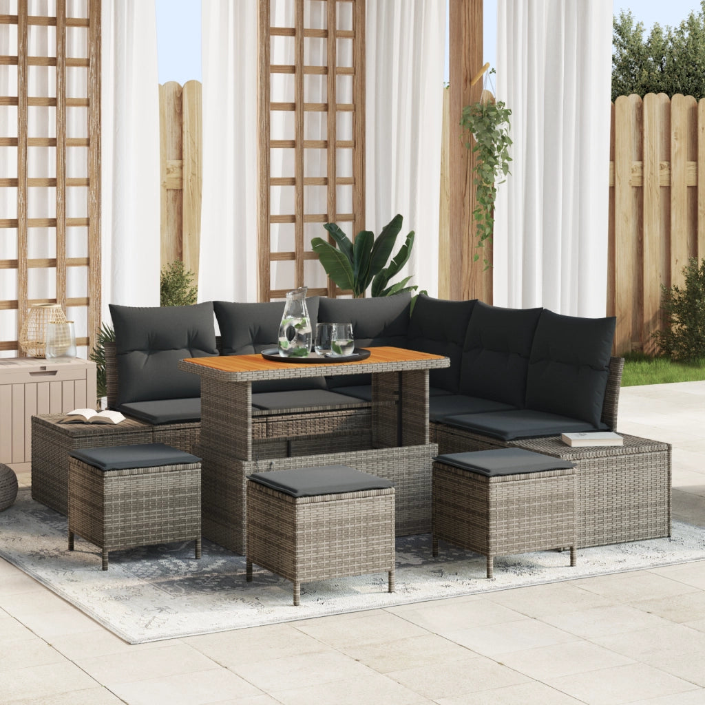 Set di Divani da Giardino 9 Pezzi con Cuscini Grigio Polirattan Acacia