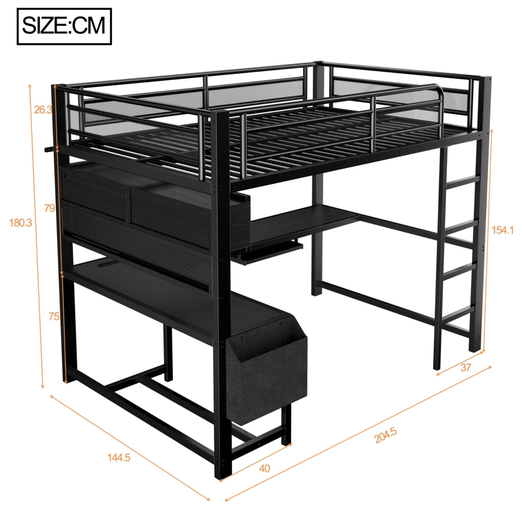 Letto a Soppalco 140x200 cm con Scrivania; Mensole; LED; USB e Prese - Nero