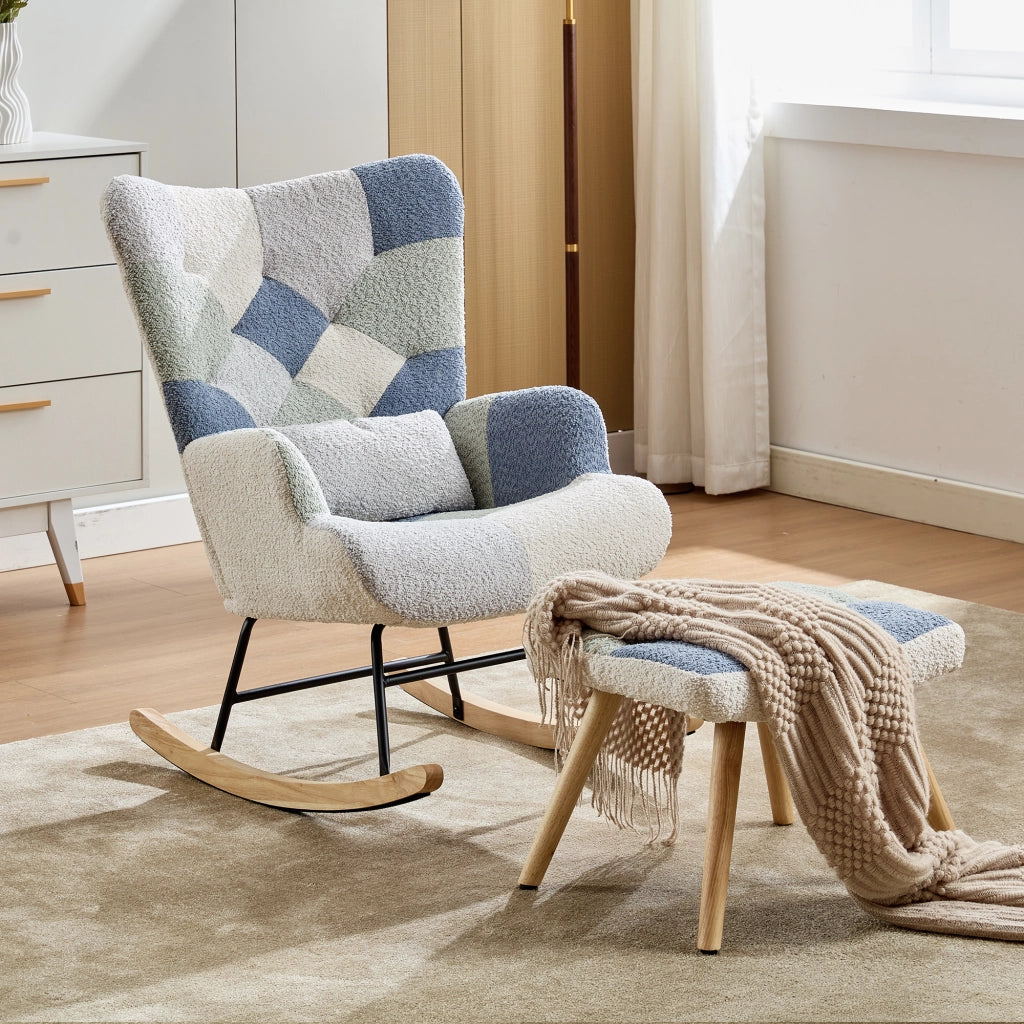 Poltrona a dondolo con poggiapiedi - imbottita e con schienale removibile - in tessuto - beige e blu - 122 × 68 × 91 cm
