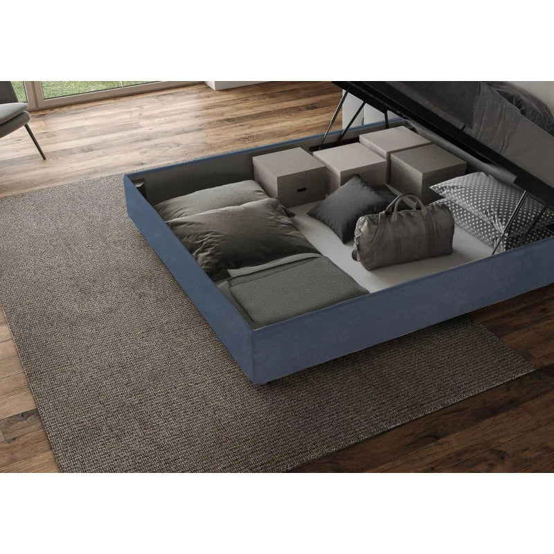 Letto imbottito Piazza e mezzo 130x200 cm Agueda - Contenitore,Microfibra,Blu