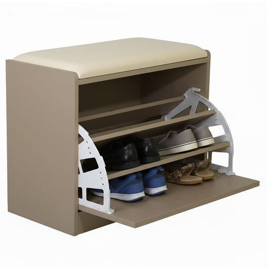 Marvin Scarpiera Panca da Ingresso Portascarpe Salvaspazio in Legno Seduta con Cuscino Anta a Ri Tortora / Cuscino Beige
