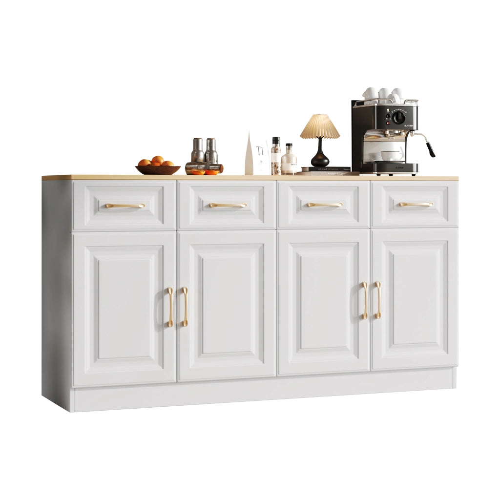 Credenza buffet 140 cm con 4 cassetti e 4 ante; bianco e rovere; in truciolare