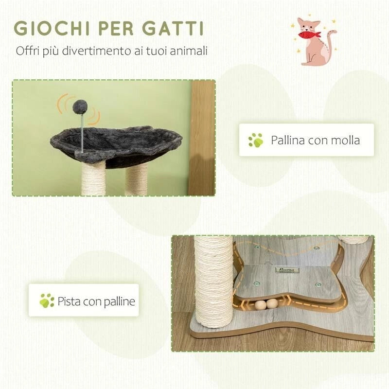 TIRAGRAFFI PER GATTI CON AMACA IN PELUCHE, BASE IN LEGNO CON GIOCO E PALI IN SISAL, 53.55X53.5X66CM, GRIGIO