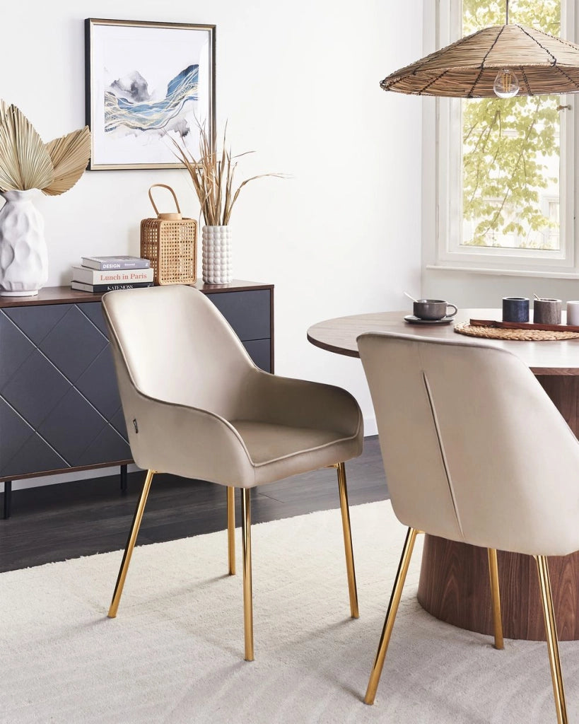 Set di 2 Sedie da Pranzo con Rivestimento in Velluto beige gambe dorate glamour retrò