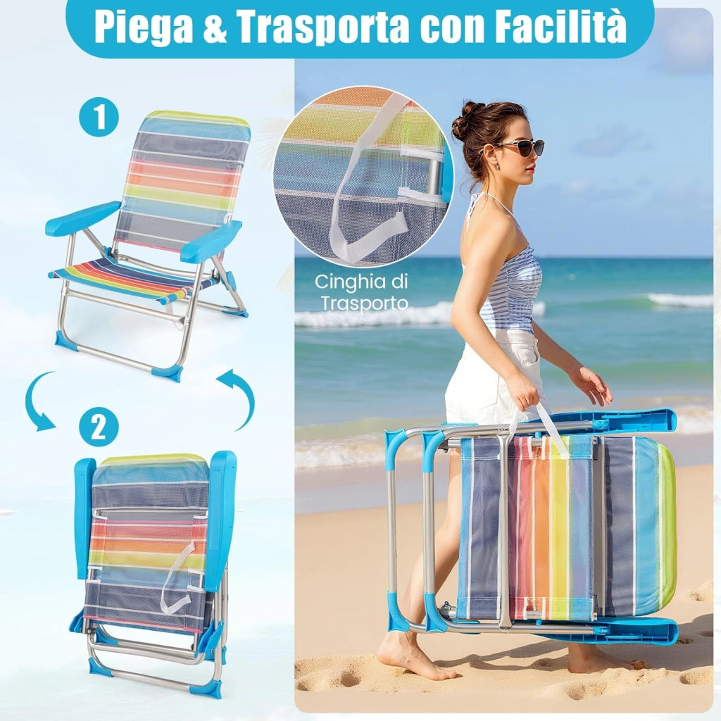 Set di 2 Sedie da Spiaggia, Sedia da Picnic Pieghevole con Braccioli, Schienale Regolabile a 4 Posizioni, Poltrona da in Alluminio Portatile per Pesca, Campeggio (64 cm x 64 cm x 83 cm)