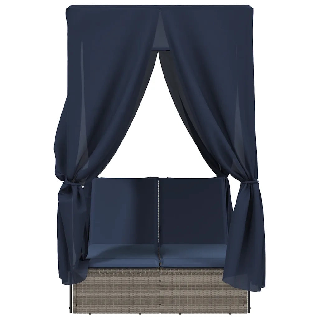 Lettino Prendisole Doppio Tetto e Tende Grigio in Polyrattan 368079