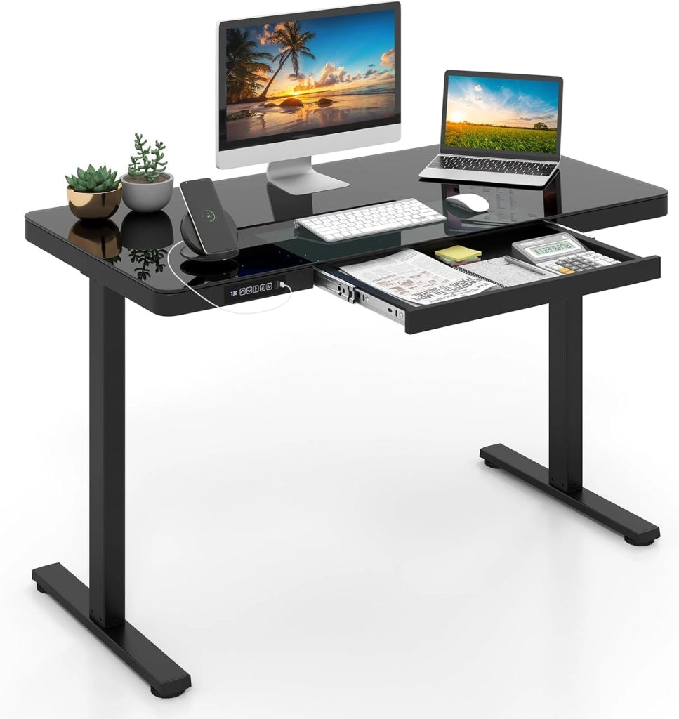 Scrivania elettrica per sedersi e stare in piedi, 120 x 60 cm, scrivania regolabile in altezza con cassetto, piano in vetro con scrittura, porta USB e tipo C, scrivania elettrica preimpostata