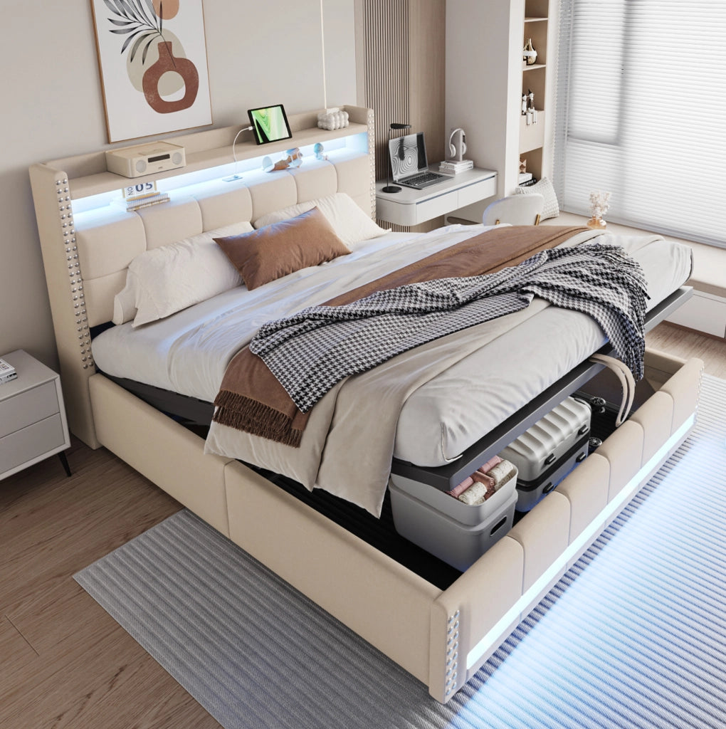 Letto matrimoniale imbottito 180x200 cm in tessuto effetto lino beige con LED; USB e contenitore