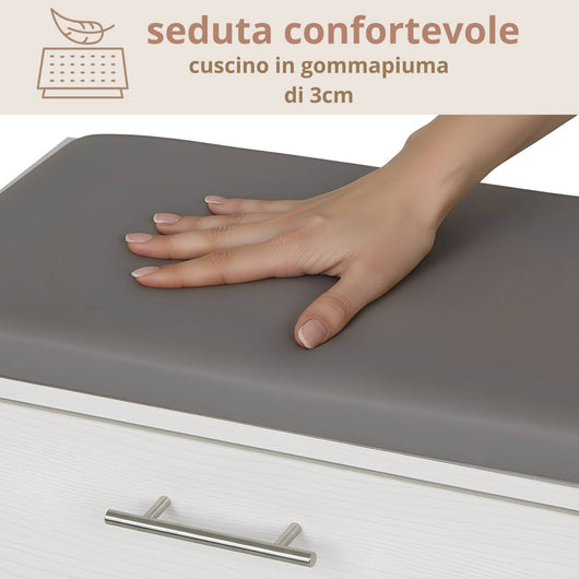 Marvin Scarpiera Panca da Ingresso Portascarpe Salvaspazio in Legno Seduta con Cuscino Anta a Ri Bianco / Cuscino Grigio