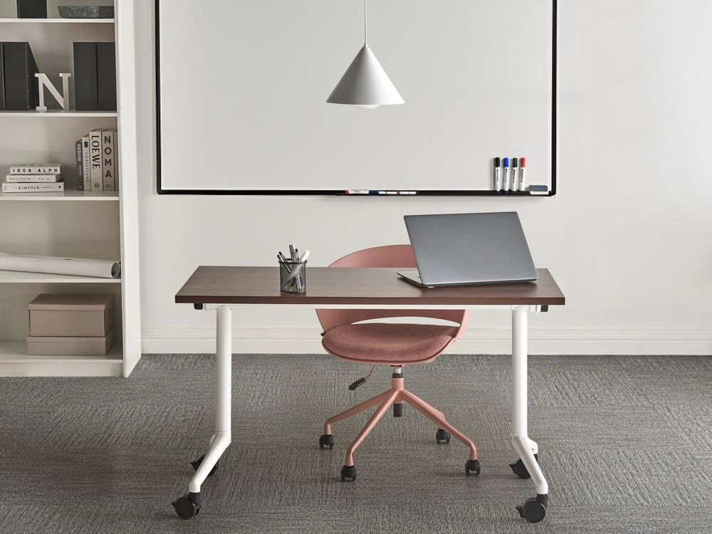 Scrivania rettangolare pieghevole con rotelle portatile con struttura in metallo marrone scuro e bianco 120 x 60 cm stile moderno