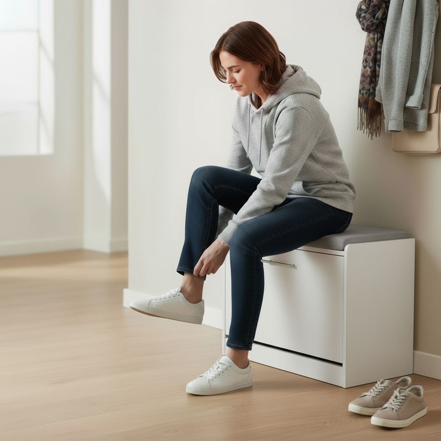 Marvin Scarpiera Panca da Ingresso Portascarpe Salvaspazio in Legno Seduta con Cuscino Anta a Ri Bianco / Cuscino Grigio