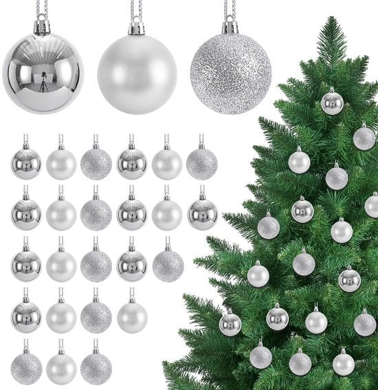 Decorazioni natalizie mini in plastica argento - 24 pezzi - 3 cm - con superficie glitter/mat/glanzente - riutilizzabili