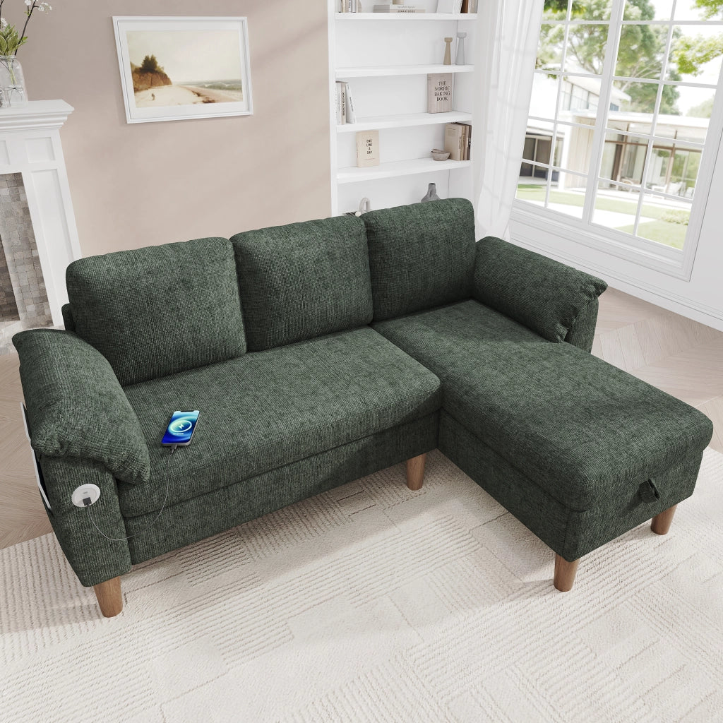Divano angolare 3 posti con chaise longue contenitore e USB Type-C in ciniglia verde 181 × 125 × 88 cm